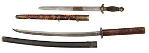 
	
		A Chinese sword (jian), 19th century, with tortoise shell and brass mounted sheath, 61cm...