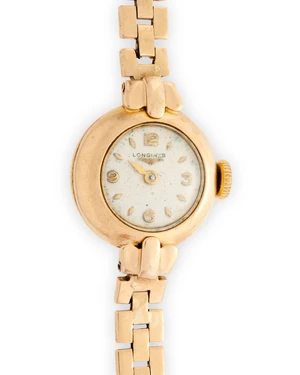 Longines. A 9ct gold manual wind bracelet watch Case Stamped 0618,  Movement number 9610801, London hallmark for 1968Jewelled manual wind movement, silvered d