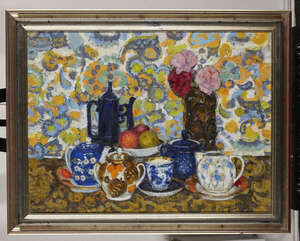 
	
		Alexandre Kharkovsky, 
		Russian 1921-1991- 
		 
		N-t aux vaisselles; 
		 
		oil on...
