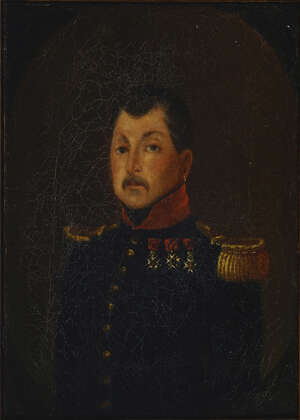 
	
		French Provincial School, early 19th century- Portrait of an officer, half-length turned...