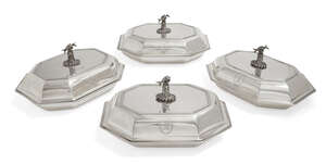 
	
		A set of four George III silver entrée dishes and covers, London, two c.1791 and two...