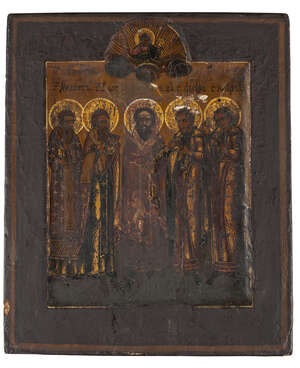
	
		A Russian icon of five Saints, 19th Century, tempera on board, 18 x 15cm

	

