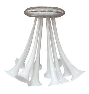 
	
		A twelve-light white glass chandelier, late 20th Century, modelled as calla lillies, 51cm...