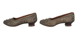 
	
		An exquisite and rare pair of late 18th century ladies shoes, silver thread and diamond...