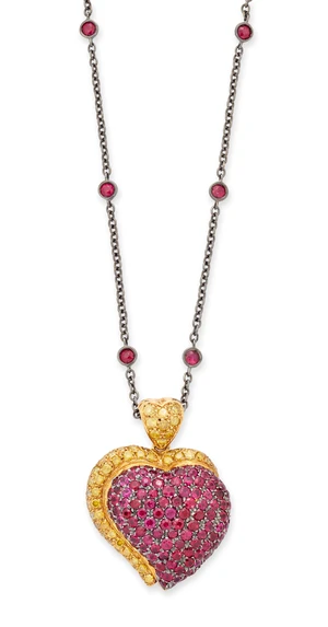 A ruby and yellow diamond pendant necklace, the pendant designed as a pavé ruby set heart shaped panel, with pavé yellow diamond set asymmetric border and ba