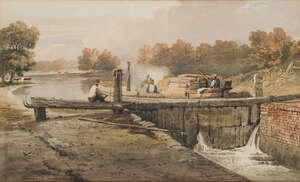 
	
		Samuel Prout OWS,  
		British 1783-1852- 
		 
		Lock gates; 
		 
		watercolour over...