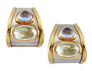 
	
		A pair of bi-metallic and gem earrings by Marina B, of tapered curved panel form, each...