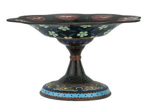 
	
		A Chinese cloisonné-enamel tazza, late 19th century, with splayed foot rising to a...
