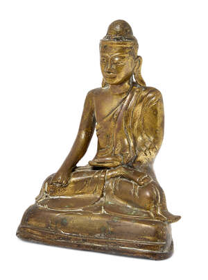 
	
		A Burmese polished bronze figure of Shakyamuni Buddha, 18th century, seated in...