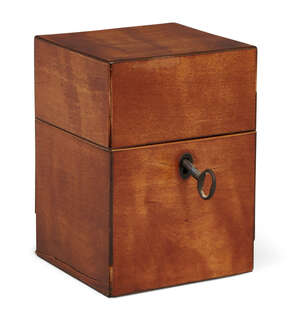 
	
		A satinwood cube-shape miniature decanter box, 19th century, containing four glass...