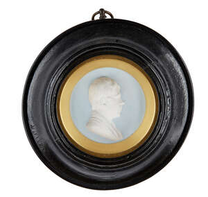
	
		John Henning, Scottish, 1777-1851, a plaster portrait relief of Sir Walter Scott, 1st...