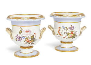 
	
		A pair of Spode porcelain Campana type urns, early 19th century, decorated with reserves...