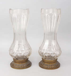 
	
		A pair of French cut-glass facetted vases, late 19th century, of thistle form, with metal...