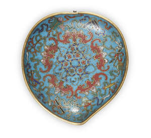 
	
		A Chinese cloisonné enamel 'peach' dish, Qianlong period, decorated to the interior with...
