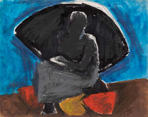 Josef Herman OBE RA, 
Polish/British 1911-2000 - 
 
Woman with Umbrella, 1974; 
 
gouache, chalk and...