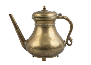 
	
		A Mughal brass ewer, India, 18th century, of squat form with faceted straight spout and...