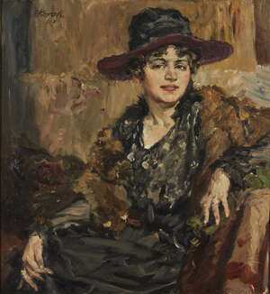 
	
		Paul Kapell, 
		German 1876- 1943-
		Portrait of a lady seated wearing a broad brimmed...