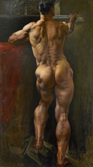 Vasily Nikolaevich Yakovlev,
		Russian 1893-1953-
		 
		Male Model from the Back, 1920;
		
		oil on canvas, signed, dated 1920 and titled on the reverse 