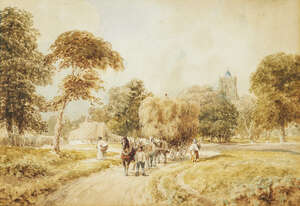 
	
		David Cox OWS, 
		British 1783-1859- 
		Transporting hay on a village road, a church...