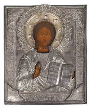 
	
		A Russian icon of Christ Pantocrator, 18th/19th century, overlaid with a silver embossed,...