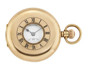 
	
		A 9ct gold demi-hunter case pocket watch by Vertex, the white enamel dial with Roman...