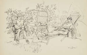 
	
		Henri Hayden, 
		French 1883-1970-
		Femmes au jardin, 1950;
		ink, signed lower right;...
