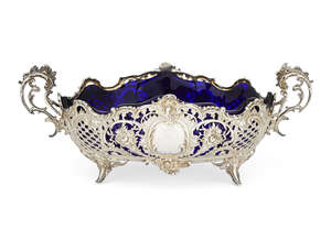 
	
		An early twentieth century German silver blue glass lined dish, Lazarus Posen, stamped...