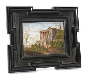 
	
		An Italian micro mosaic Grand Tour picture of an Italianate landscape with a colonnaded...