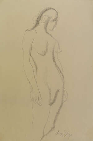 Leon Underwood,
		British 1890-1975-
		 
		Standing female nude, facing right;
		 
		conte, signed and dated '30, 56.2x38.5cm (mounted/unframed)(ARR