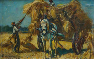 
	
		Alice Kingham-Lachevre, French b.1888- Horse and hay wagon; oil on panel, signed,...
