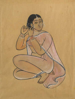
	
		Two Kalighat paintings, Eastern India, circa 1880,  opaque pigments and silver on paper,...