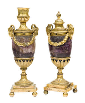 
	
		A pair of George III ormolu and blue-john cassolettes, attributed to Matthew Boulton,...