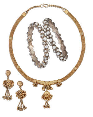 
	
		 A late 19th century gilt necklace and earrings, and and a pair of imitation pearl...