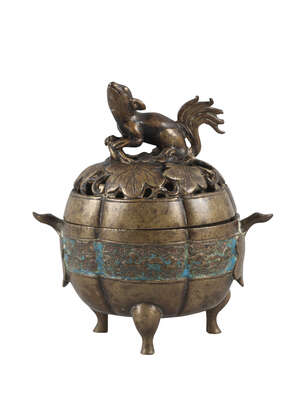
	
		A Chinese bronze tripod censer and cover, Ming dynasty, pierced to the cover with leafy...