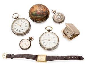 A group of six various watches and an 18th century painted bone pocket watch caseIncluding: 3 silver cased pocket watches; a small silver cased strut timepiece