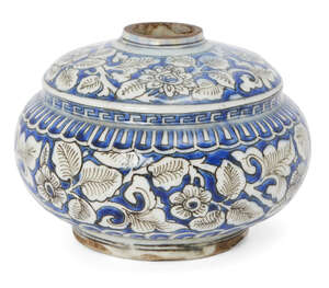 
	
		A Safavid blue and white kendi base, Iran, late 17th century, of rounded form with step...