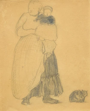 Pont-Aven School, Late 19th/early 20th century - Mother and Child with a cat; pencil on paper, indistinctly signed lower left, 17.3 x 14.3 cm (mounted/unfra