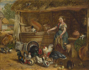 
	
		John Henry Dell, 
		British 1836-1888- 
		The Poultry Yard; 
		oil on panel, signed in...