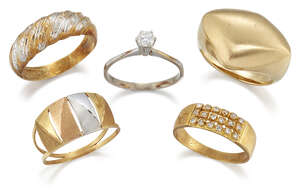 
	
		A group of five various rings, comprising: A diamond single stone ring; a single-cut...