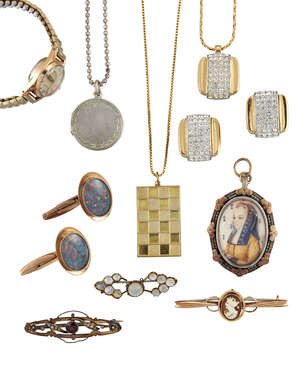 
	
		A small group of jewellery and costume jewellery, comprising: a pair of oval opal doublet...