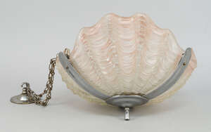 
	
		A pink and frosted glass and chromed metal ceiling light, early 20th century, the three...