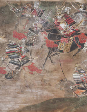 
	
		19TH CENTURY JAPANESE SCHOOL, ink and colour on paper, warriors, 55cm x 43cm

	

