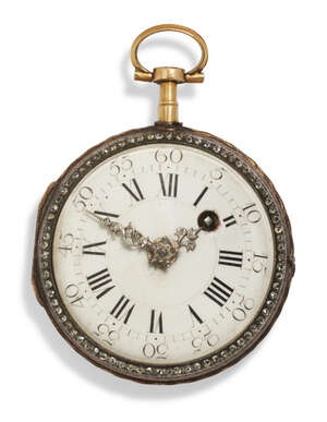 
	
		A Continental gilt-metal mounted silver verge watch, c.1780, the front wind chain fusee...