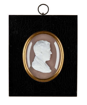 
	
		John Henning, Scottish, 1777-1851, a white paste portrait relief of Francis Horner...