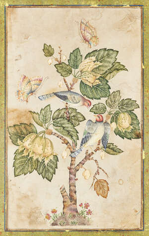 
	
		A Qajar painting of gul 'o bul tree with nightingales, Iran, 19th century, gouache on...