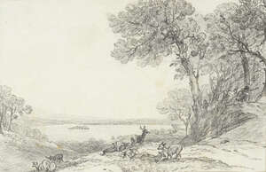 
	
		Attributed to John James Cotman, 
		British 1814-1878- 
		 
		Landscape with deer;...