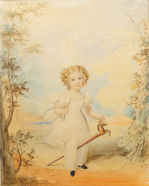 
	
		British School, early-mid 19th century- Portrait of a child with a hobby horse;...