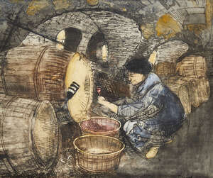 
	
		Denis Mathews, 
		British 1913-1997- 
		 
		Wine is stored in another barrel, c. 1953;...