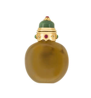 
	
		A diamond and gem-set hardstone scent bottle, the rounded agate body with applied collar...