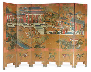 
	
		A pair of Chinese six-panel lacquer screens, late Qing dynasty, painted to one side with...